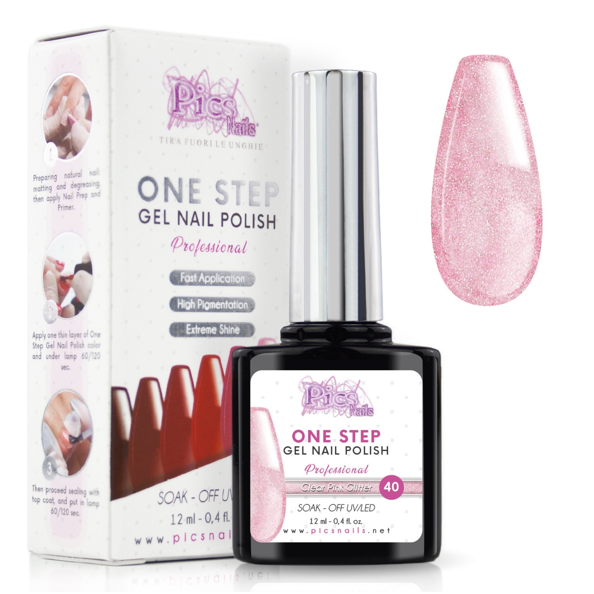 Smalto Semipermanente One Clear Pink Glitter 40 - 12 ml | Semipermanente 3in1 UV/LED Ultra Lucido