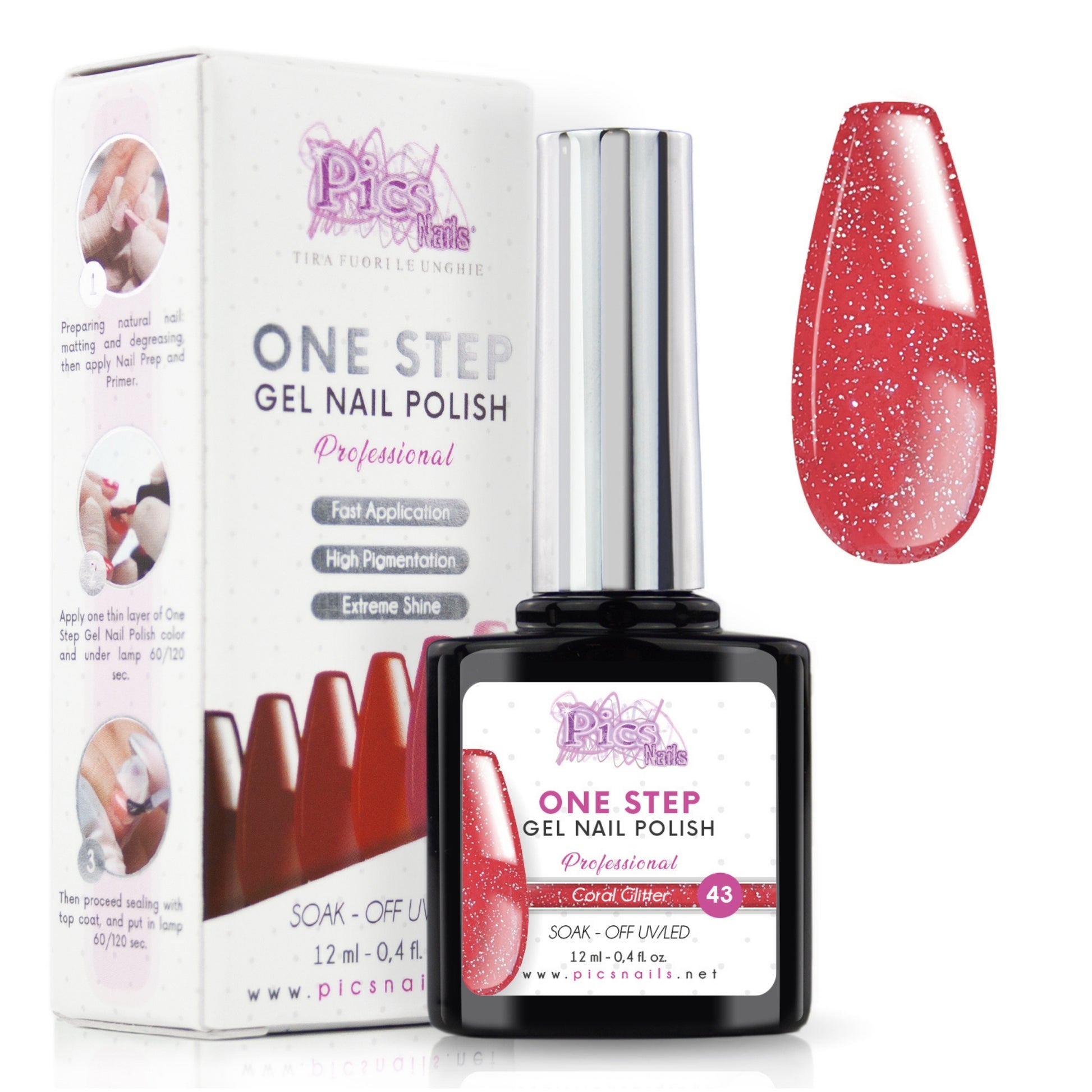 Smalto Semipermanente One Coral Glitter 43 - 12 ml | Semipermanente 3in1 UV/LED Ultra Lucido