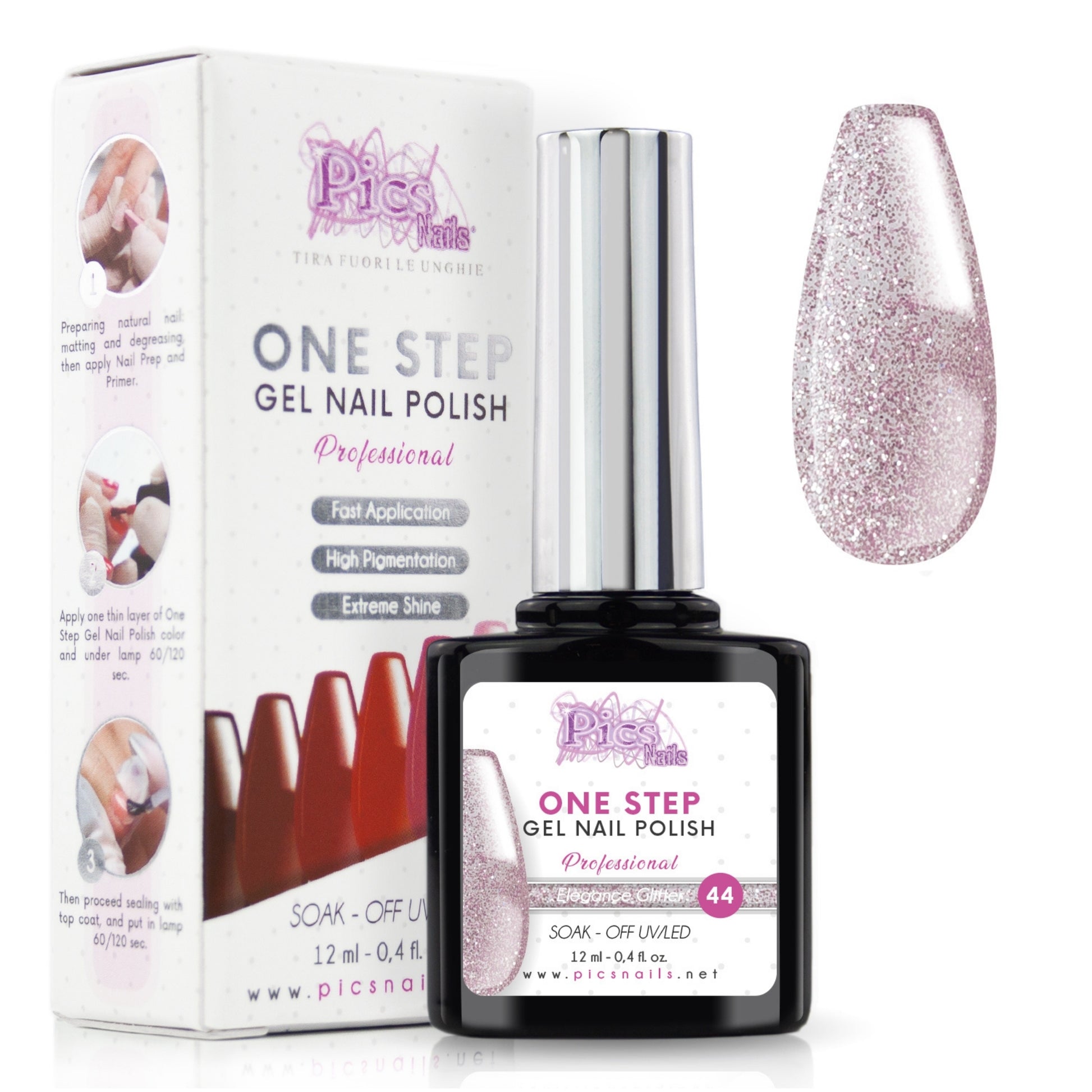 Smalto Semipermanente One Elegance Glitter 44 - 12 ml | Semipermanente 3in1 UV/LED Ultra Lucido
