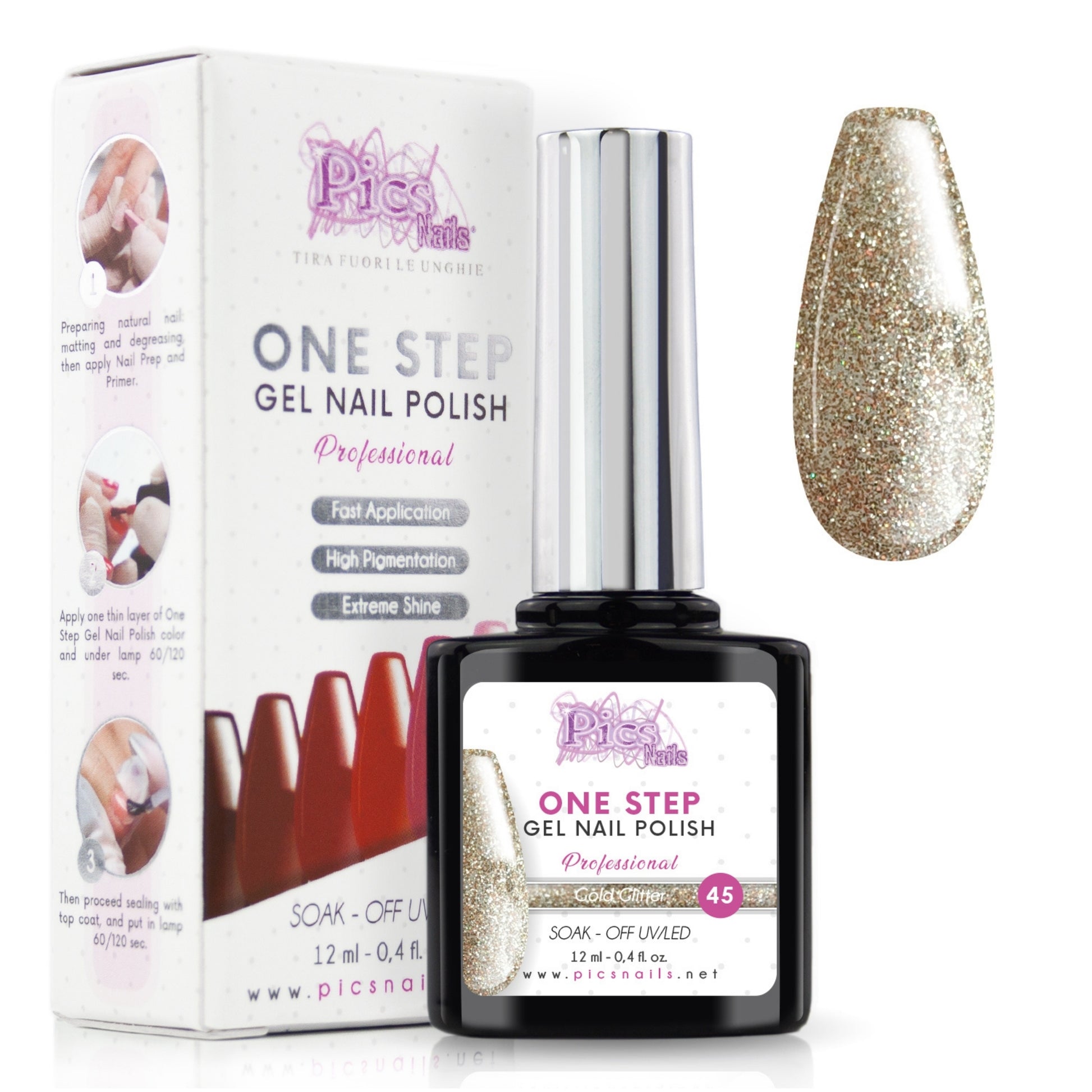 Smalto Semipermanente One Gold Glitter 45 - 12 ml | Semipermanente 3in1 UV/LED Ultra Lucido