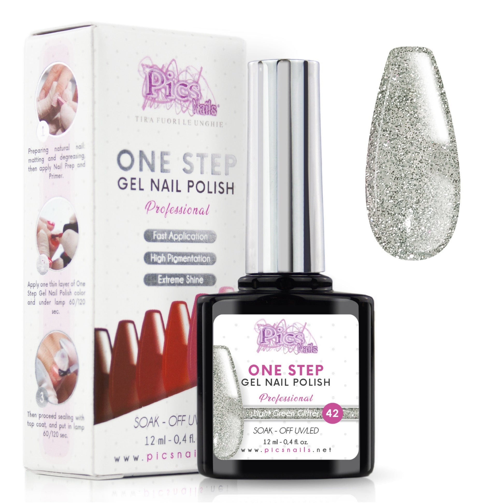 Smalto Semipermanente One Light Green Glitter 42 - 12 ml | Semipermanente 3in1 UV/LED Ultra Lucido
