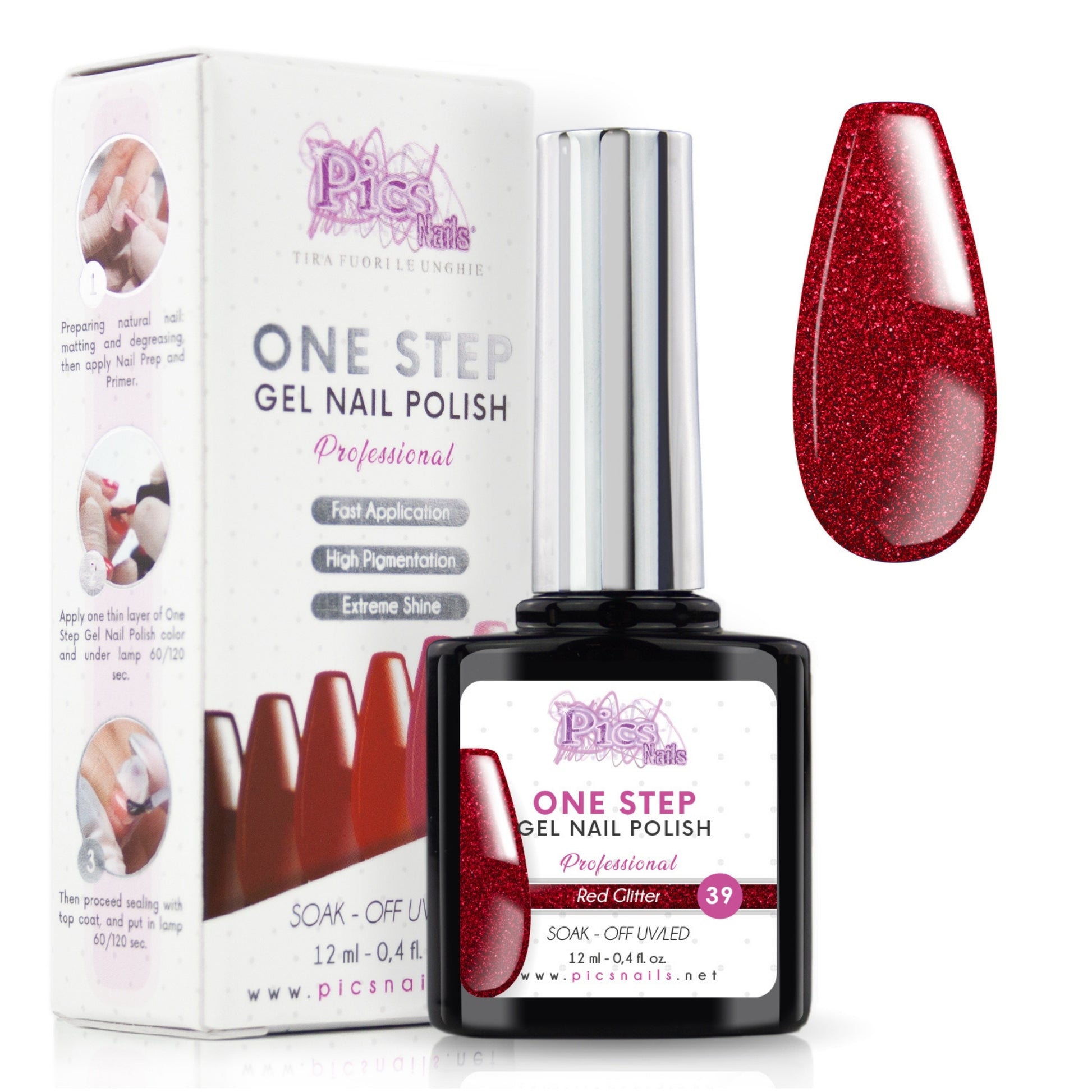 Smalto Semipermanente One Red Glitter 39 - 12 ml | Semipermanente 3in1 UV/LED Ultra Lucido
