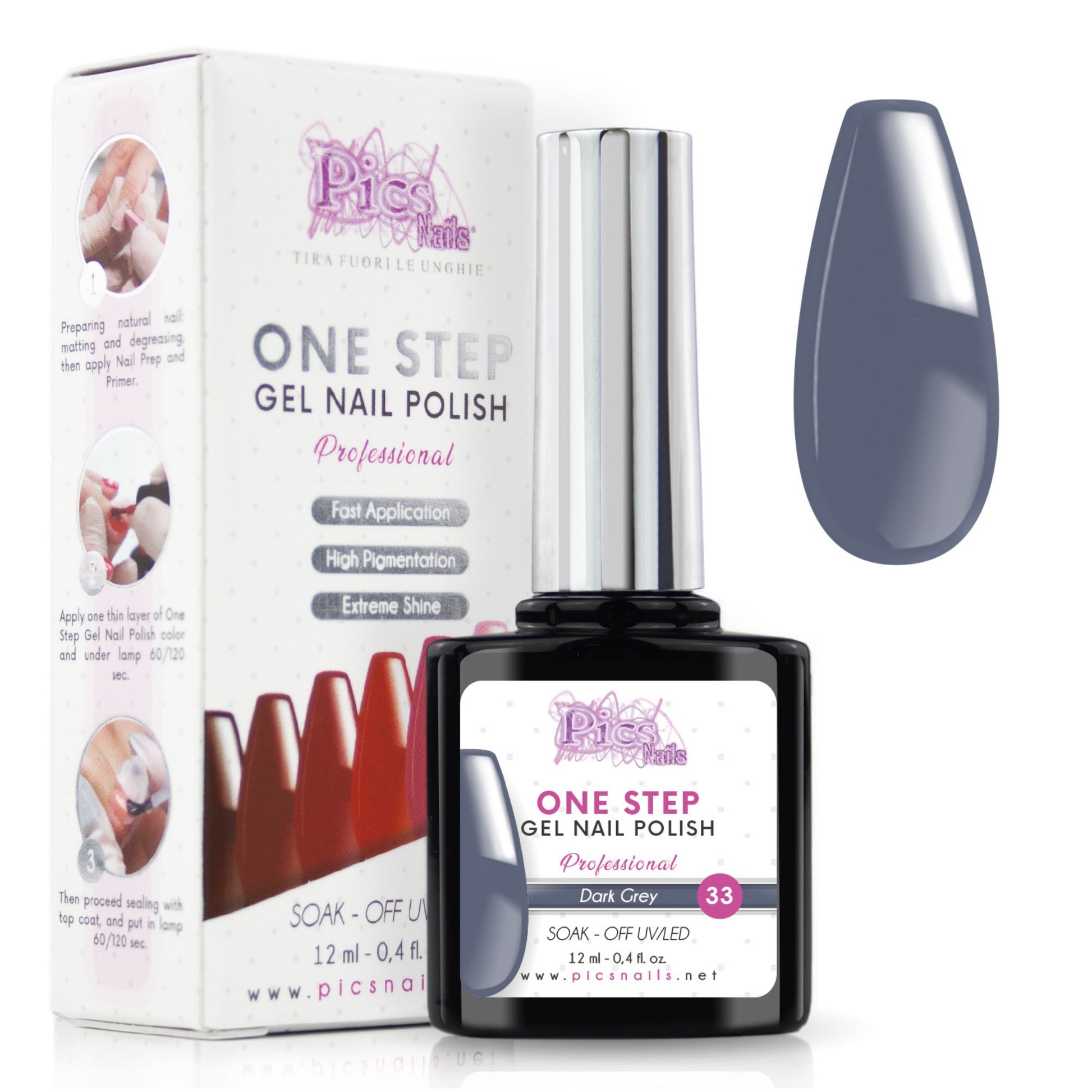 Smalto Semipermanente One Step Dark Gray 33 - 12 ml | Semipermanente 3in1 UV/LED Ultra Lucido